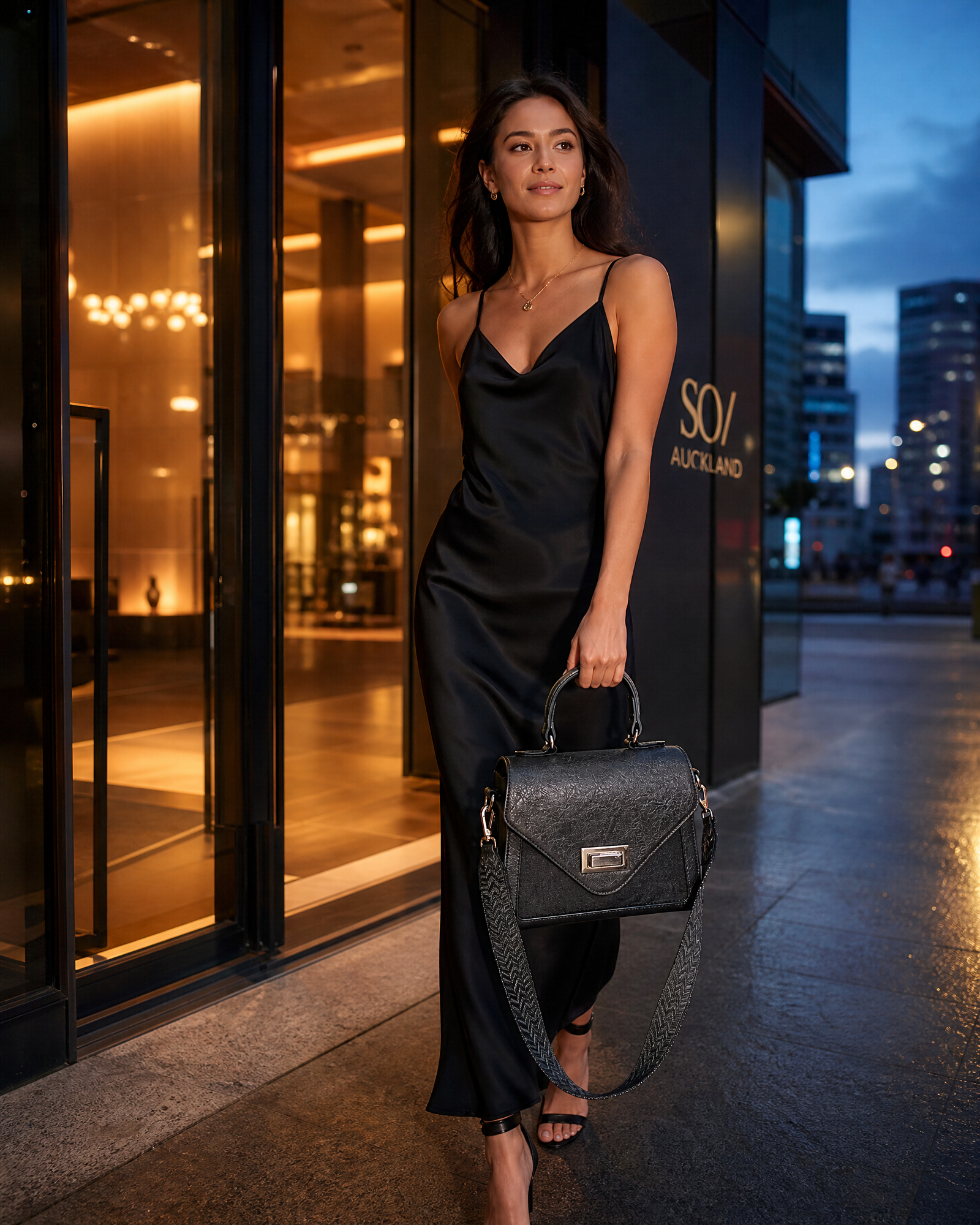 D.Y. Valle Aurora Mini Satchel Bag in slate grey carried by a woman in a black slip dress outside a luxury hotel at dusk.
