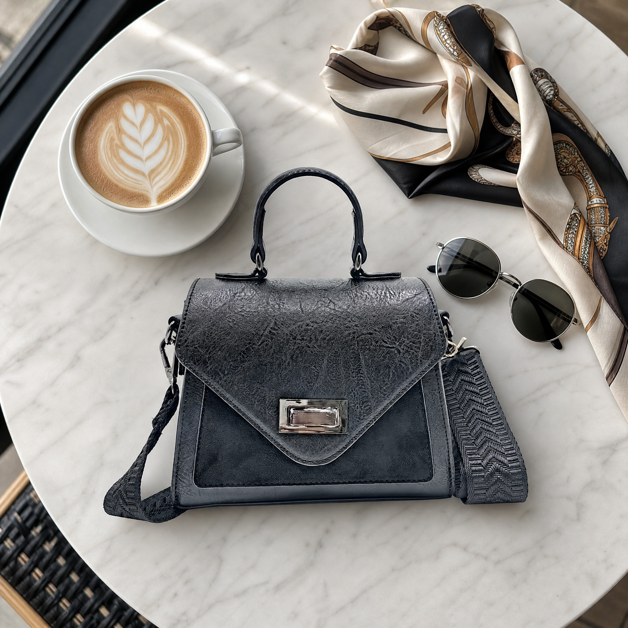 D.Y. Valle Aurora Mini Satchel Bag in slate grey flat-laid on a marble café table with a latte, silk scarf and round sunglasses.